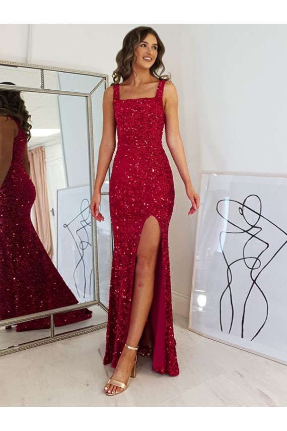 Sheath Square Neck Velvet Sequins Long Burgundy Velvet Sequin Prom Dress / Evening Dress Sydney