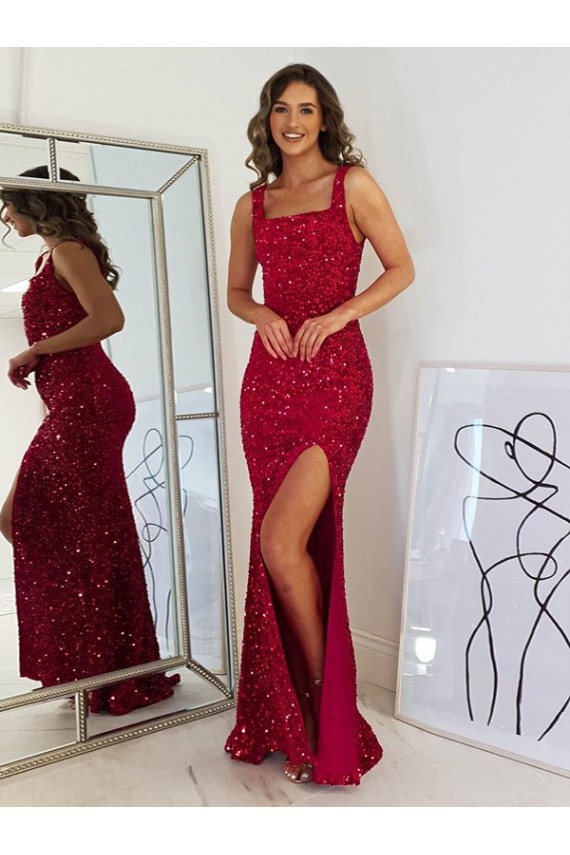 Sheath Square Neck Velvet Sequins Long Burgundy Velvet Sequin Prom Dress / Evening Dress Sydney