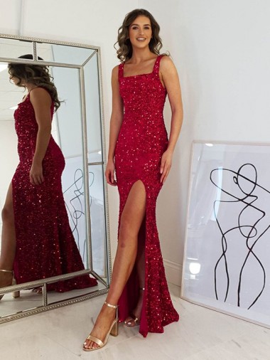 Sheath Square Neck Velvet Sequins Long Burgundy Velvet Sequin Prom Dress / Evening Dress Sydney