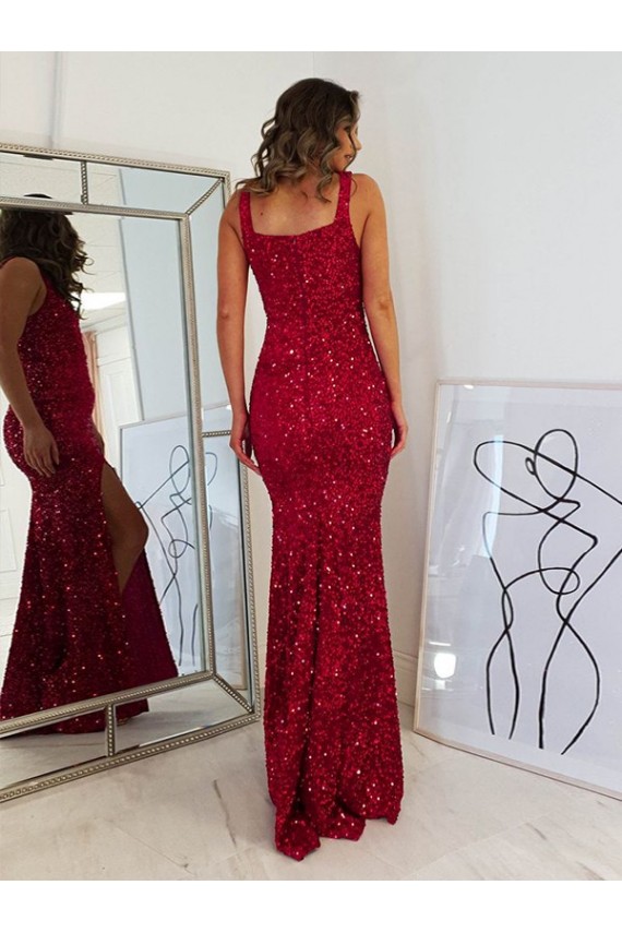 Sheath Square Neck Velvet Sequins Long Burgundy Velvet Sequin Prom Dress / Evening Dress Sydney