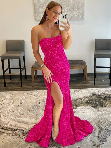 Sheath Strapless Velvet Sequins Sweep Train Fuchsia Velvet Sequin Prom Dress / Evening Dress Sydney