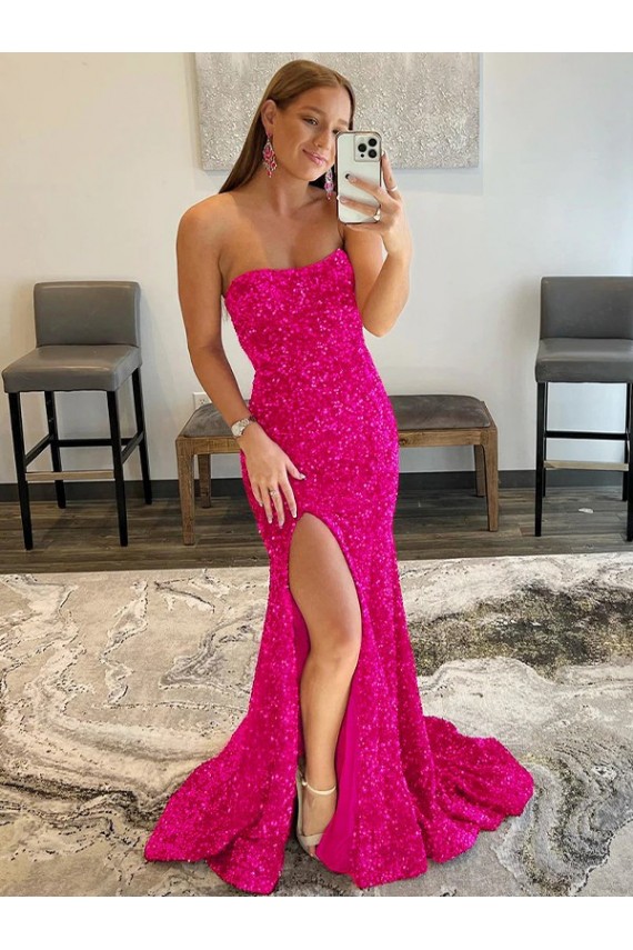 Sheath Strapless Velvet Sequins Sweep Train Fuchsia Velvet Sequin Prom Dress / Evening Dress Sydney