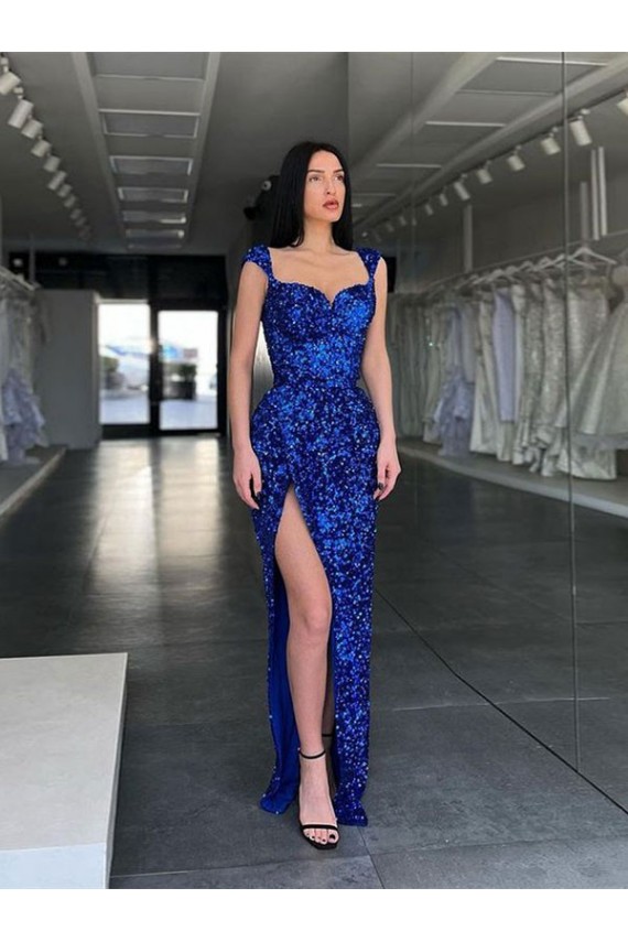 Sheath Spaghetti Straps Velvet Sequins Sweep Train Royal Blue Velvet Sequin Prom Dress / Evening Dress Sydney