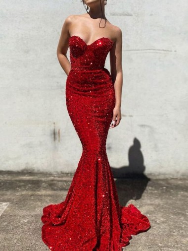 Mermaid Sweetheart Velvet Sequins Court Train Burgundy Velvet Sequin Prom Dress / Evening Dress Sydney