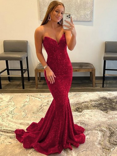 Sheath Sweetheart Velvet Sequins Sweep Train Burgundy Velvet Sequin Prom Dress / Evening Dress Sydney