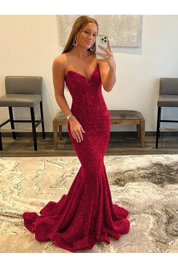 Sheath Sweetheart Velvet Sequins Sweep Train Burgundy Velvet Sequin Prom Dress / Evening Dress Sydney