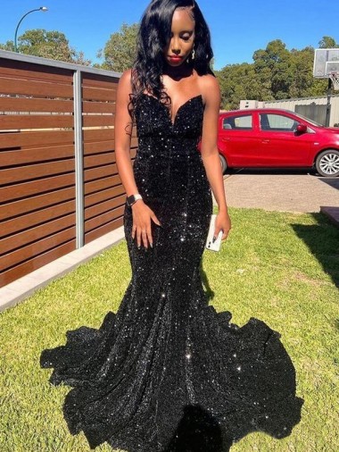 Mermaid Sweetheart Velvet Sequins Long Black Velvet Sequin Prom Dress Sydney