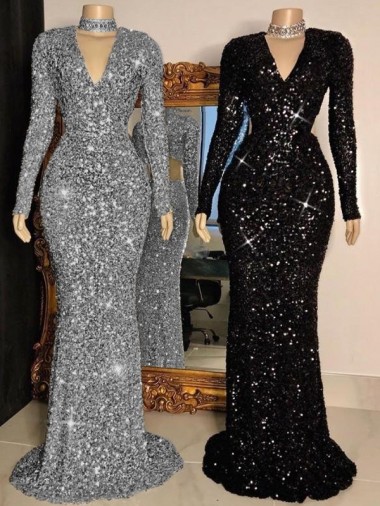 Sheath V-Neck Velvet Sequins Sweep Train Black Velvet Sequin Prom Dress Sydney