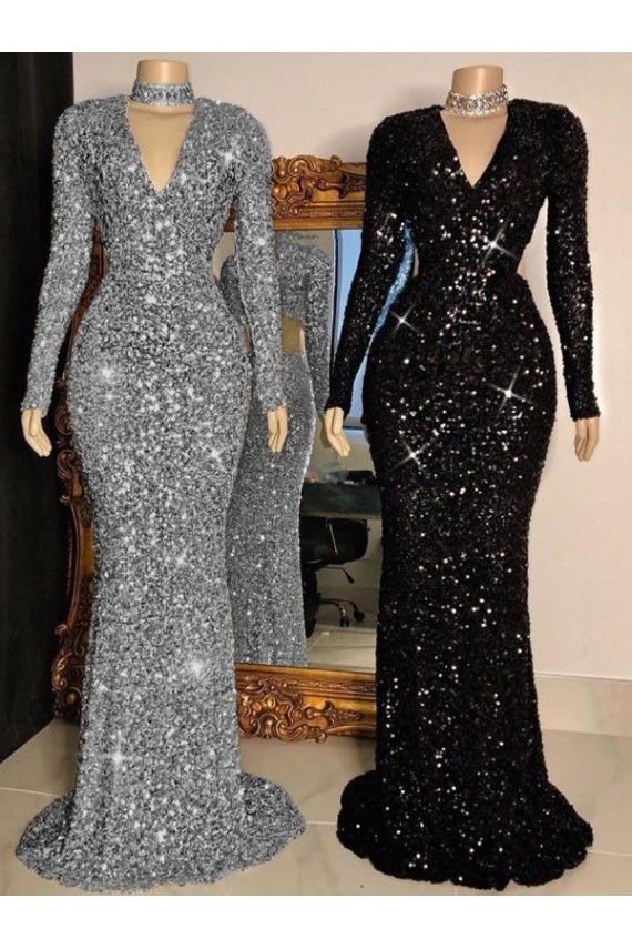 Sheath V-Neck Velvet Sequins Sweep Train Black Velvet Sequin Prom Dress Sydney