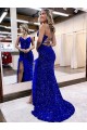 Sheath V-Neck Velvet Sequins Sweep Train Royal Blue Velvet Sequin Evening Dress Sydney