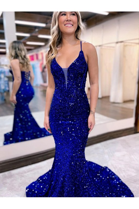 Mermaid V-Neck Velvet Sequins Court Train Royal Blue Velvet Sequin Prom Dress / Evening Dress Sydney