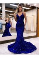 Mermaid V-Neck Velvet Sequins Court Train Royal Blue Velvet Sequin Prom Dress / Evening Dress Sydney