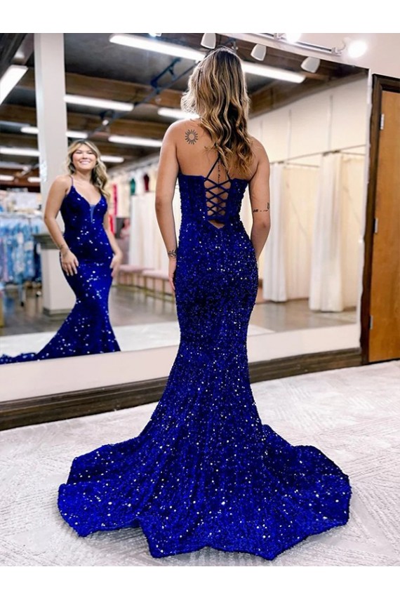 Mermaid V-Neck Velvet Sequins Court Train Royal Blue Velvet Sequin Prom Dress / Evening Dress Sydney