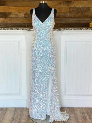 Sheath V-Neck Velvet Sequins Sweep Train Velvet Sequin Prom Dress / Evening Dress Sydney