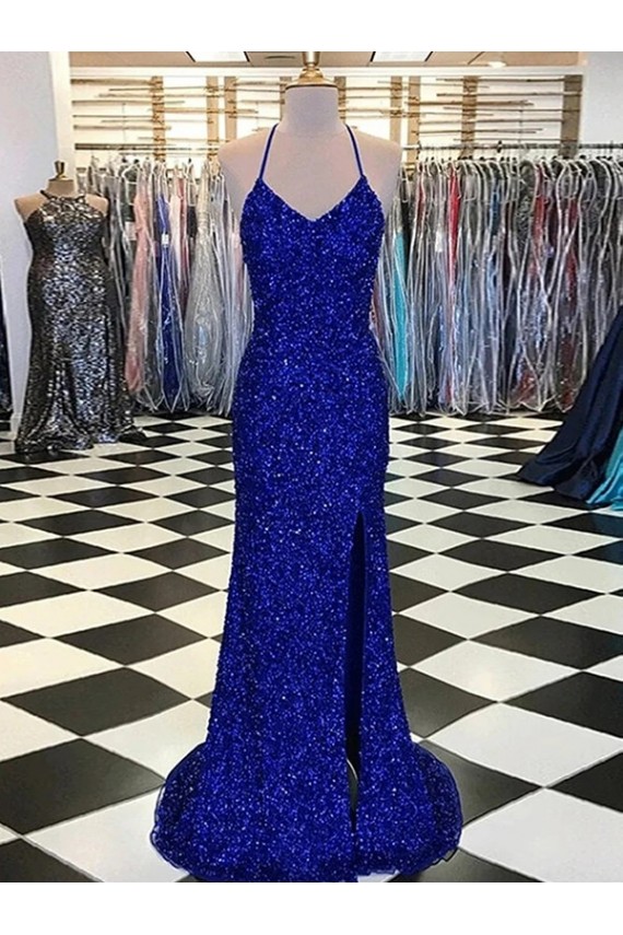 Sheath V-Neck Velvet Sequins Sweep Train Royal Blue Velvet Sequin Prom Dress / Evening Dress Sydney