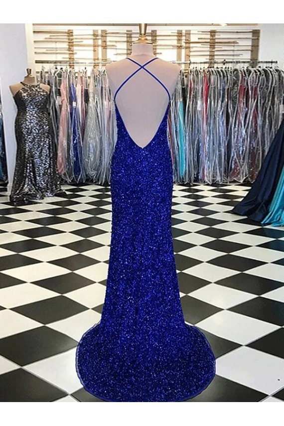 Sheath V-Neck Velvet Sequins Sweep Train Royal Blue Velvet Sequin Prom Dress / Evening Dress Sydney