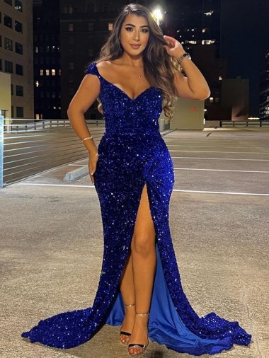 Sheath V-Neck Velvet Sequins Sweep Train Royal Blue Velvet Sequin Dress Sydney