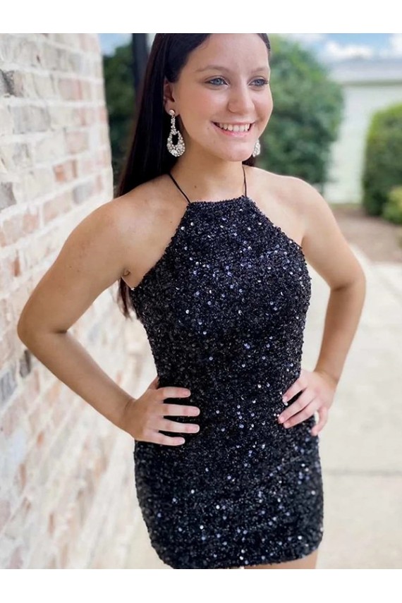 Sheath Halter Neck Velvet Sequins Short Black Velvet Sequin Prom Dress Sydney