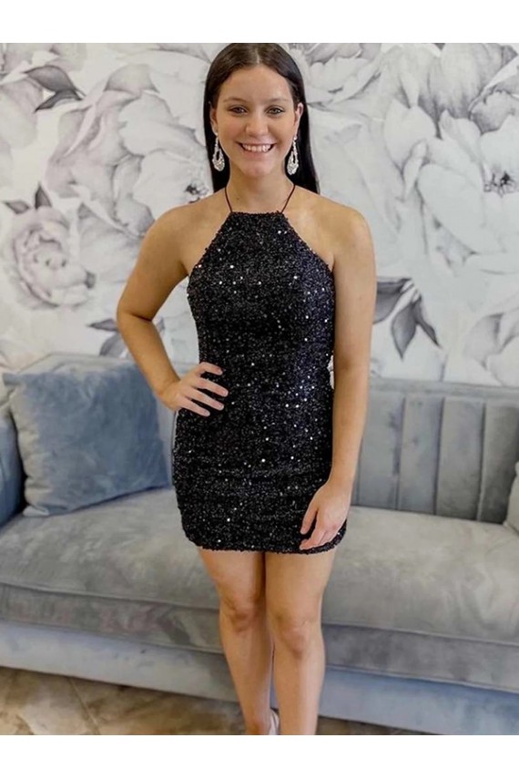Sheath Halter Neck Velvet Sequins Short Black Velvet Sequin Prom Dress Sydney