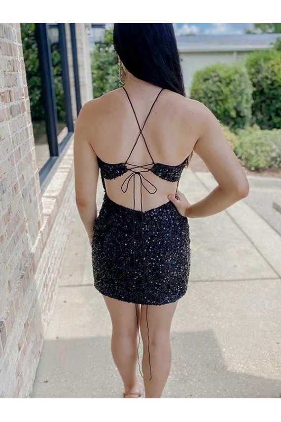 Sheath Halter Neck Velvet Sequins Short Black Velvet Sequin Prom Dress Sydney