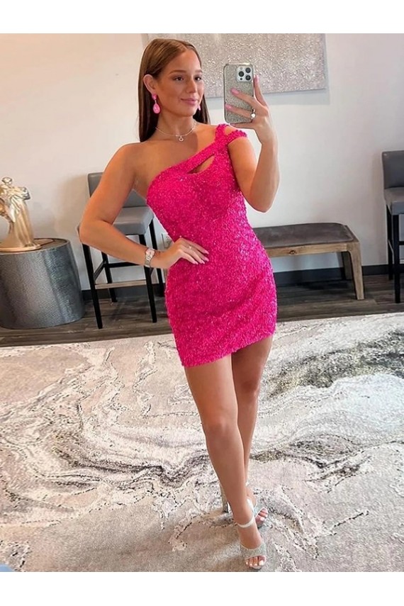 Sheath One Shoulder Velvet Sequins Short Fuchsia Velvet Sequin Prom Dress / Evening Dress Sydney