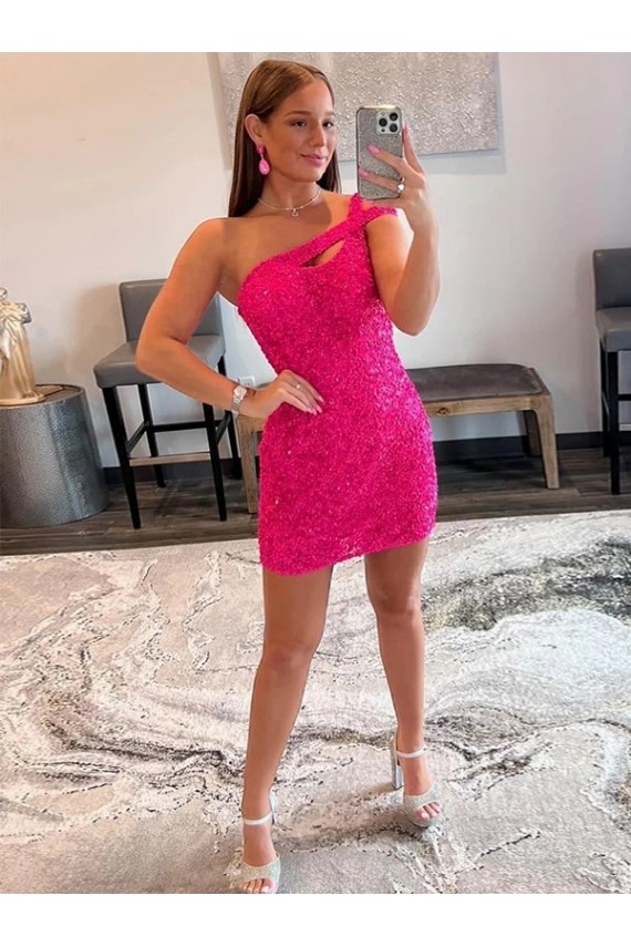 Sheath One Shoulder Velvet Sequins Short Fuchsia Velvet Sequin Prom Dress / Evening Dress Sydney