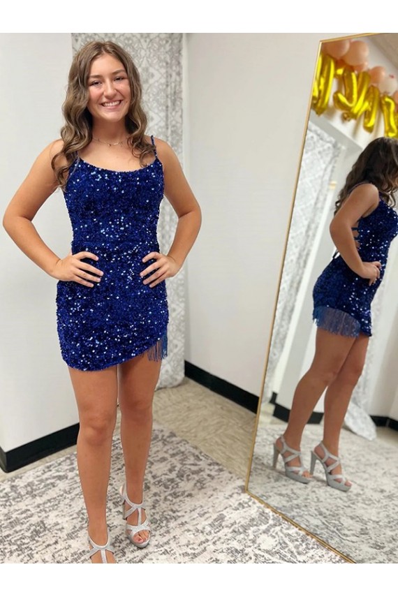 Sheath Spaghetti Straps Velvet Sequins Short Royal Blue Velvet Sequin Prom Dress Sydney