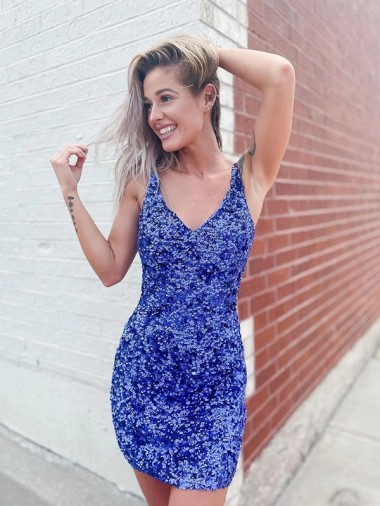 Sheath V-Neck Velvet Sequins Short Shown Color Velvet Sequin Evening Dress Sydney