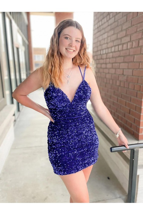 Sheath V-Neck Velvet Sequins Short Shown Color Velvet Sequin Cocktail Dress / Prom Dress Sydney