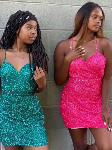 Sheath V-Neck Velvet Sequins Short Dark Green Velvet Sequin Prom Dress Sydney