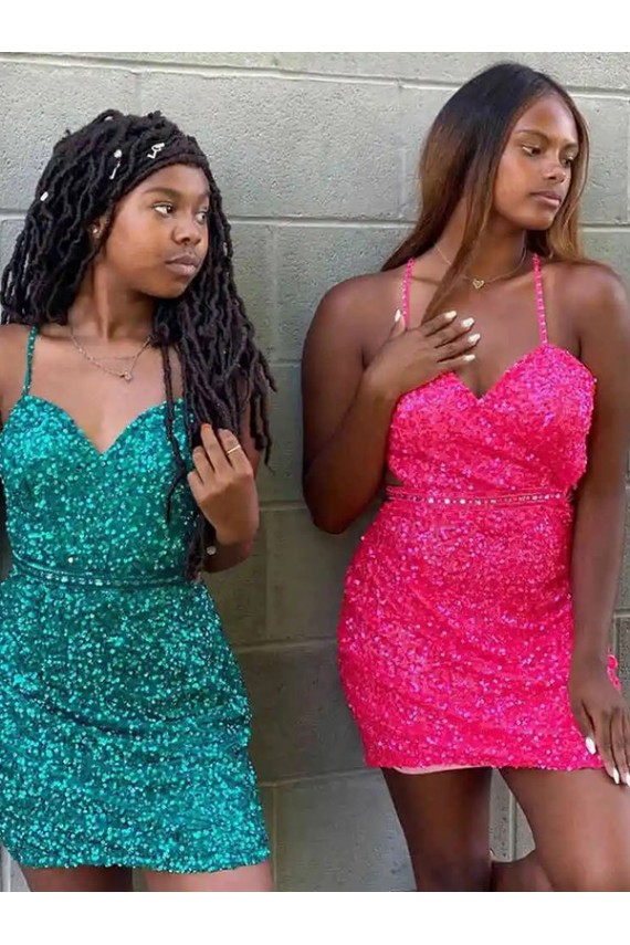 Sheath V-Neck Velvet Sequins Short Dark Green Velvet Sequin Prom Dress Sydney