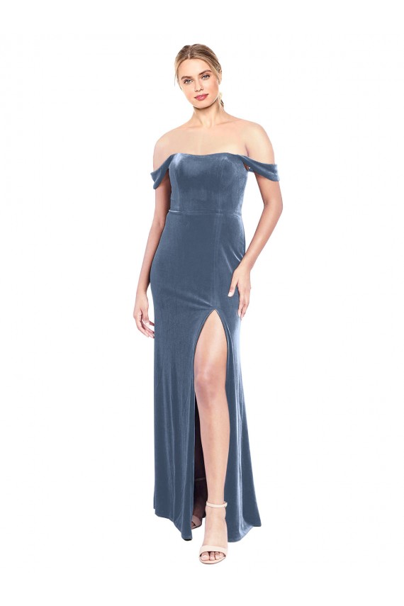A-Line Strapless Stretch Velvet Long Dusty Blue Prom Dress / Bridesmaid Dress Sydney