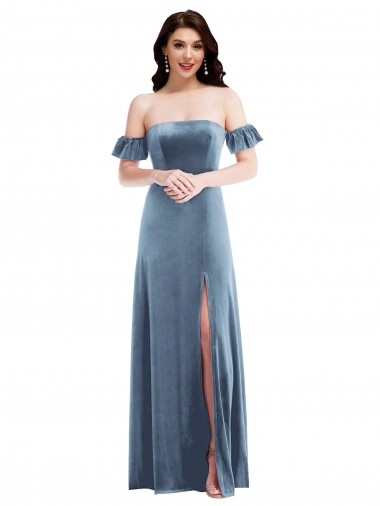 A-Line Off the Shoulder Stretch Velvet Long Dusty Blue Formal Dress / Bridesmaid Dress Sydney