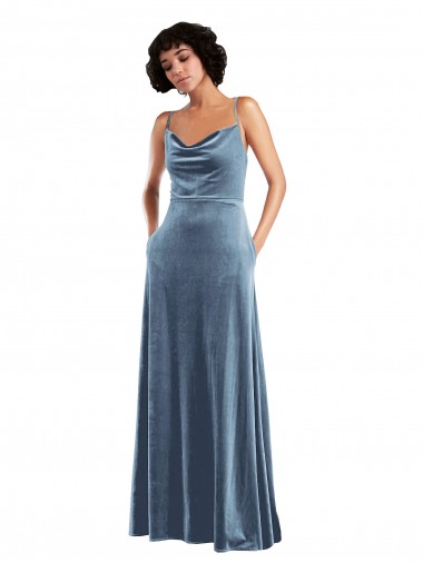 Sheath Cowl Neck Stretch Velvet Long Dusty Blue Semi Formal Evening Dress / Prom Dress / Bridesmaid Dress Sydney