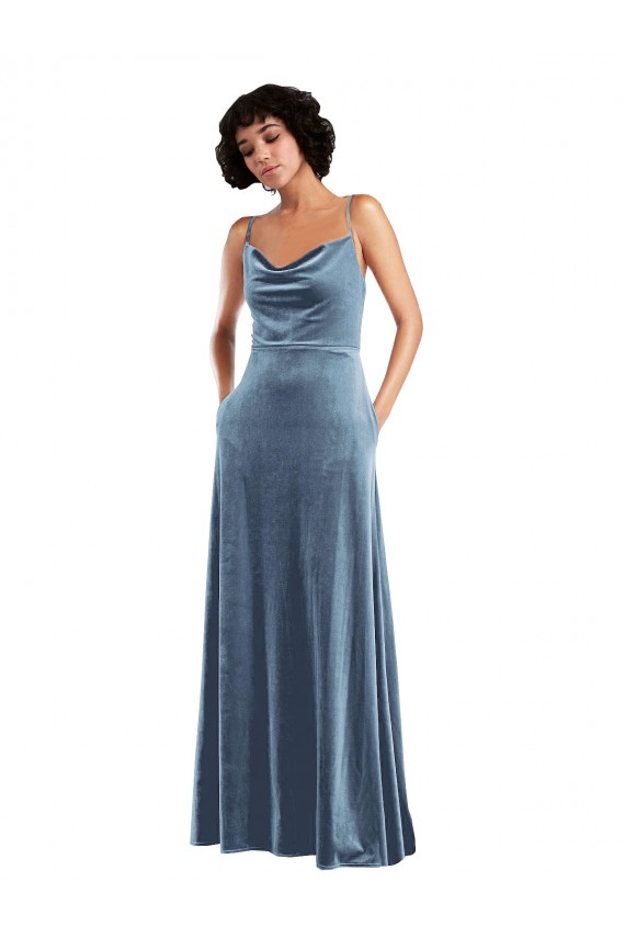 Sheath Cowl Neck Stretch Velvet Long Dusty Blue Semi Formal Evening Dress / Prom Dress / Bridesmaid Dress Sydney