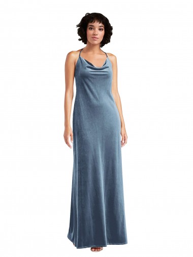 Sheath Cowl Neck Stretch Velvet Long Dusty Blue Bridesmaid Dress / Evening Dress Sydney