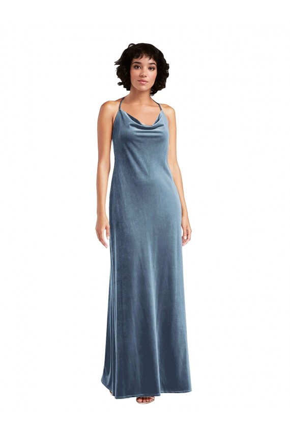 Sheath Cowl Neck Stretch Velvet Long Dusty Blue Bridesmaid Dress / Evening Dress Sydney