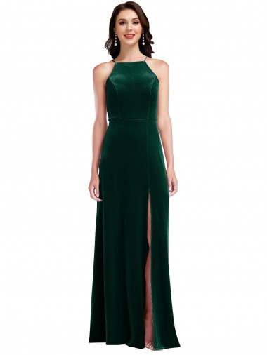 A-Line High Neck Stretch Velvet Long Dark Green Semi Formal Evening Dress / Prom Dress / Bridesmaid Dress Sydney