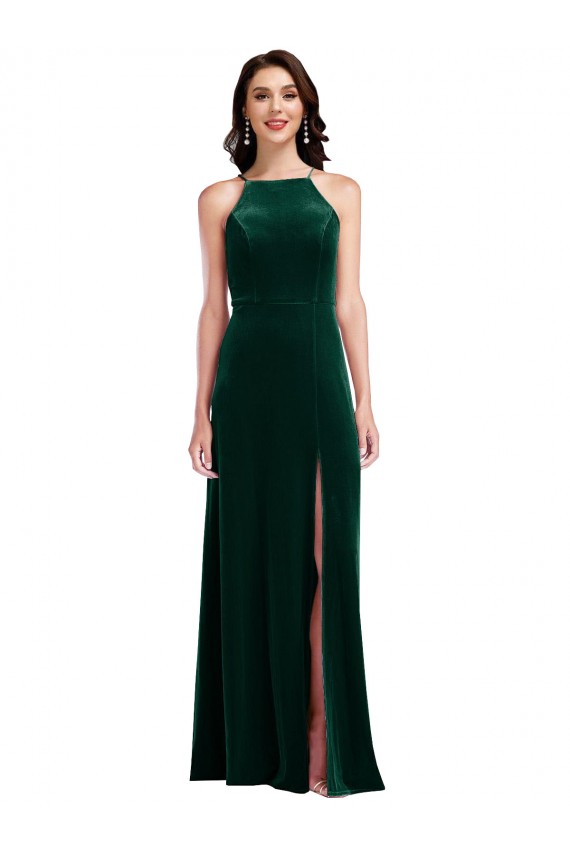 A-Line High Neck Stretch Velvet Long Dark Green Semi Formal Evening Dress / Prom Dress / Bridesmaid Dress Sydney