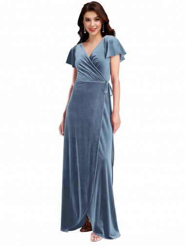 A-Line V-Neck Stretch Velvet Long Dusty Blue Black Tie Evening Gown / Prom Dress / Bridesmaid Dress Sydney