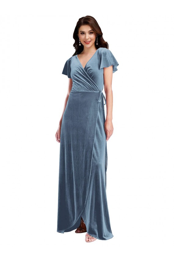 A-Line V-Neck Stretch Velvet Long Dusty Blue Black Tie Evening Gown / Prom Dress / Bridesmaid Dress Sydney