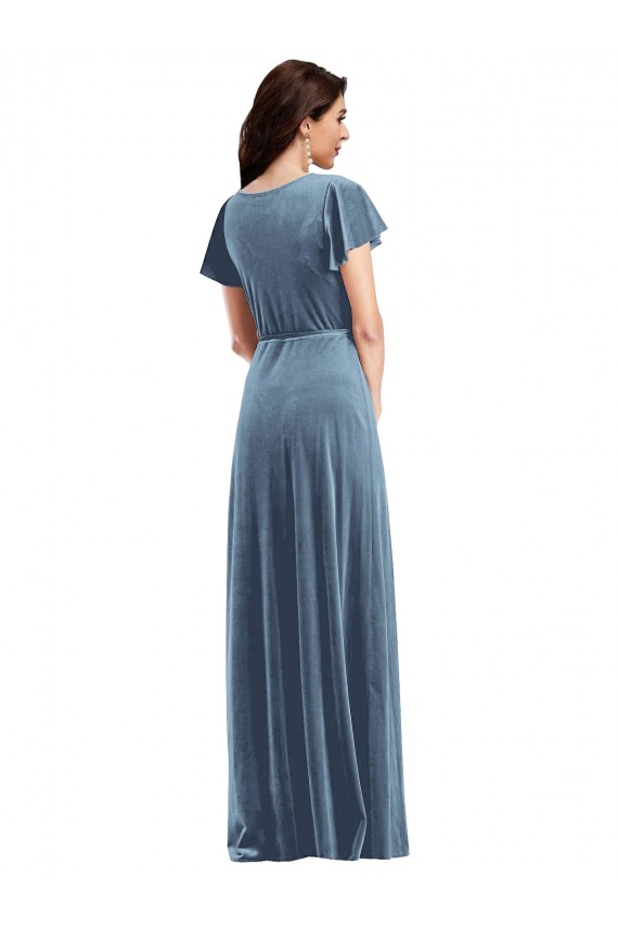 A-Line V-Neck Stretch Velvet Long Dusty Blue Black Tie Evening Gown / Prom Dress / Bridesmaid Dress Sydney