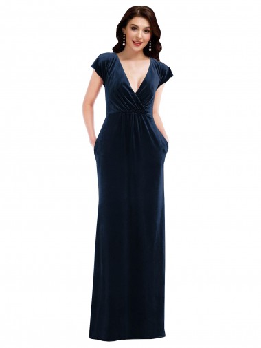 A-Line V-Neck Stretch Velvet Long Dark Navy Formal Dress / Bridesmaid Dress Sydney