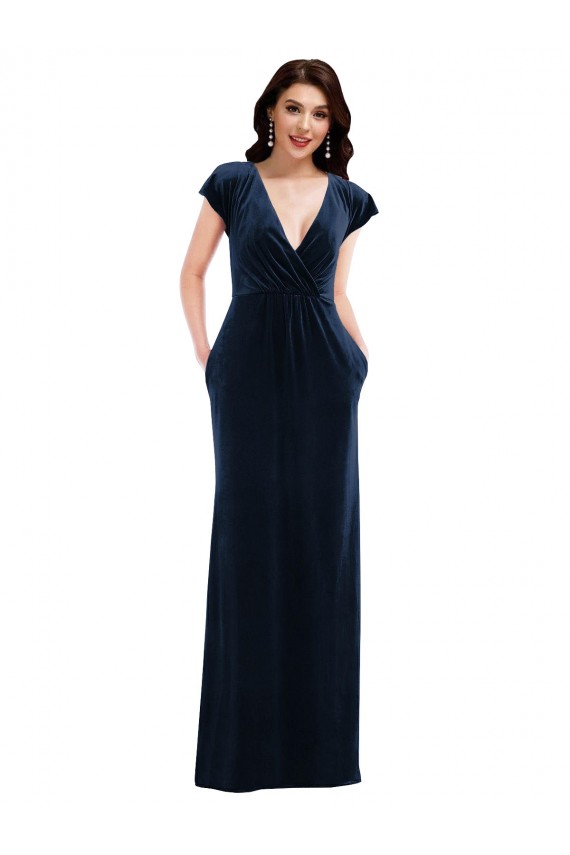 A-Line V-Neck Stretch Velvet Long Dark Navy Formal Dress / Bridesmaid Dress Sydney