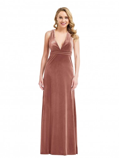 A-Line V-Neck Stretch Velvet Long Cinnamon Rose Bridesmaid Dress / Evening Dress Sydney