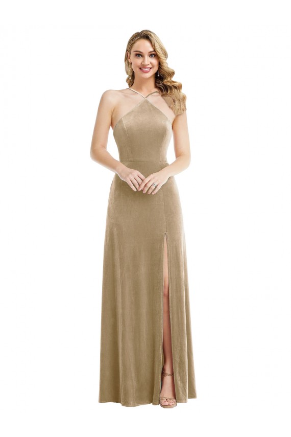 A-Line High Neck Stretch Velvet Long Champagne Semi Formal Evening Dress / Prom Dress / Bridesmaid Dress Sydney