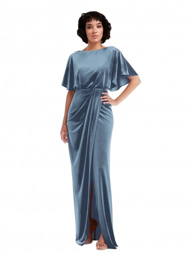 Sheath Stretch Velvet Long Dusty Blue Semi Formal Evening Dress / Prom Dress / Bridesmaid Dress Sydney