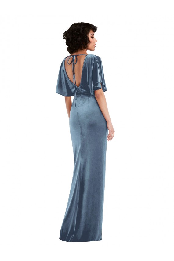 Sheath Stretch Velvet Long Dusty Blue Semi Formal Evening Dress / Prom Dress / Bridesmaid Dress Sydney