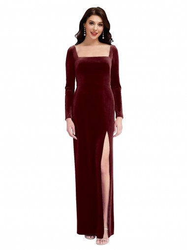 A-Line Square Neck Stretch Velvet Long Burgundy Prom Dress / Bridesmaid Dress Sydney