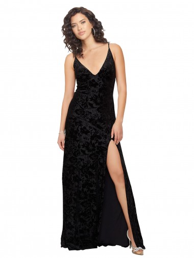Sheath V-Neck Floral Velvet & Stretch Velvet Long Black Bridesmaid Dress Sydney